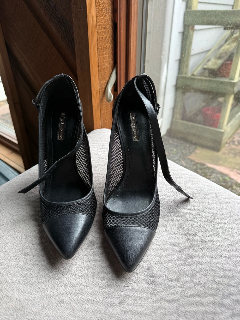 BCBGeneration Black Pointed Mesh Ankle-Strap Pumps with Leather Cap Toe